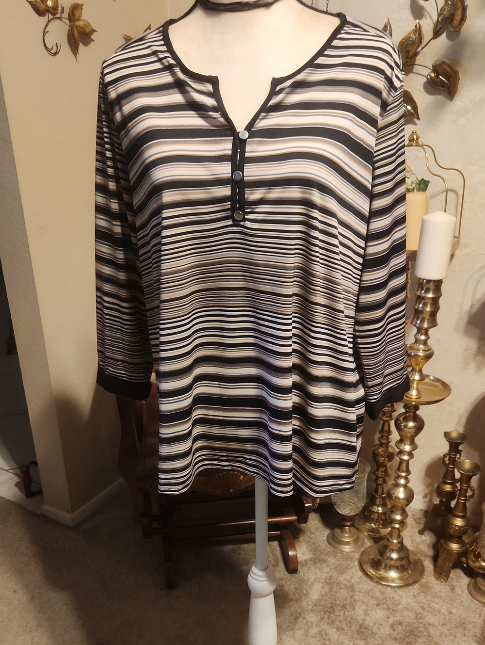 Notations Black, White & Tan Striped Tunic Top